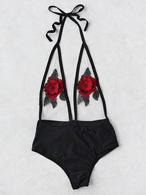 Rose Applique Halter Mesh Monokini