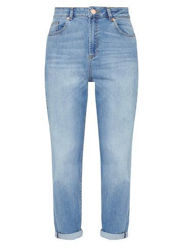 Womens Petite Mid Wash Mom Jeans- Blue, Blue