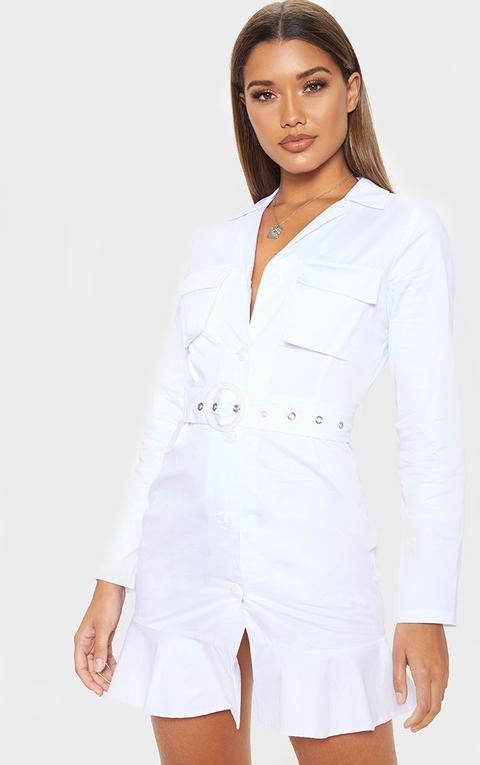 White Button Front Wooden Belt Shirt Dress