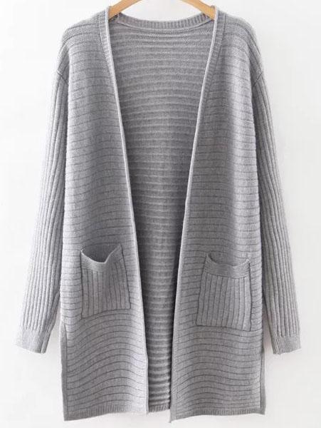 Grey Collarless Ribbed Split Side Pocket Long Cardigan