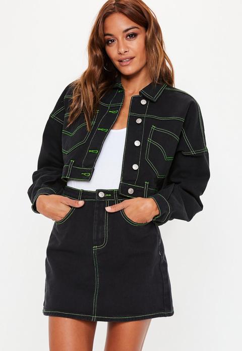 Black Contrast Neon Stitch Cropped Drop Shoulder Denim Jacket, Black