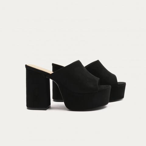 Misty Platform Backless Mules In Black Faux Suede