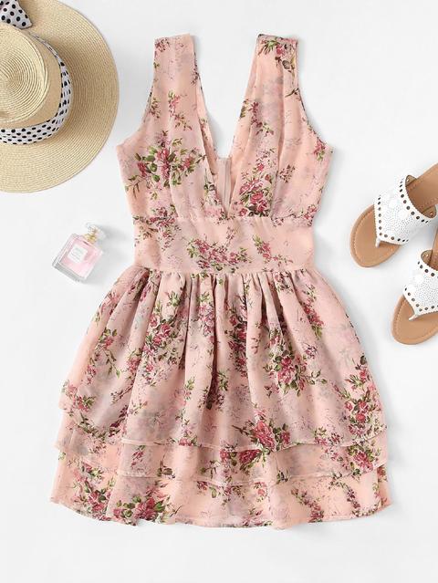 Deep V Neckline Tiered Layer Floral Dress