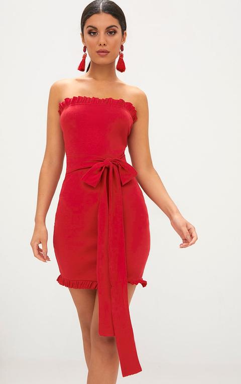 Red Ribbed Bandeau Tie Waist Bodycon Dress, Red