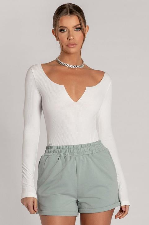 Malene V-neck Ribbed Long Sleeve Bodysuit - White