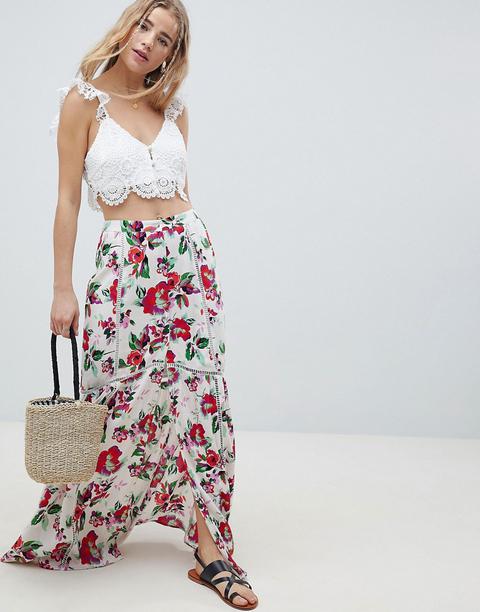 Asos Design - Maxi Gonna Stropicciata Con Orlo In Pizzo E Stampa - Multicolore