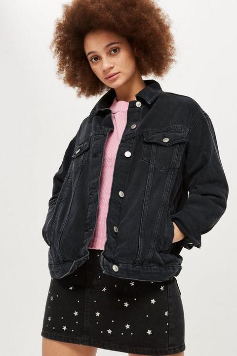 Womens Oversized Denim Jacket - Washed Black, Washed Black