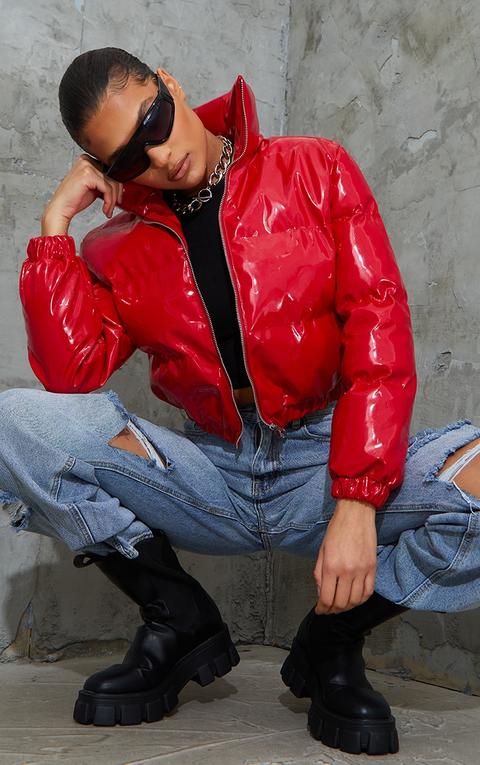 Red Cropped Vinyl Puffer