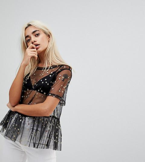 Glamorous Petite - Top In Rete Trasparente Con Stelle Metallizzate Ricamate - Nero