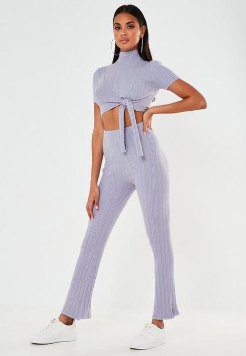 Lilac Co Ord Rib Knitted Trousers, Lilac