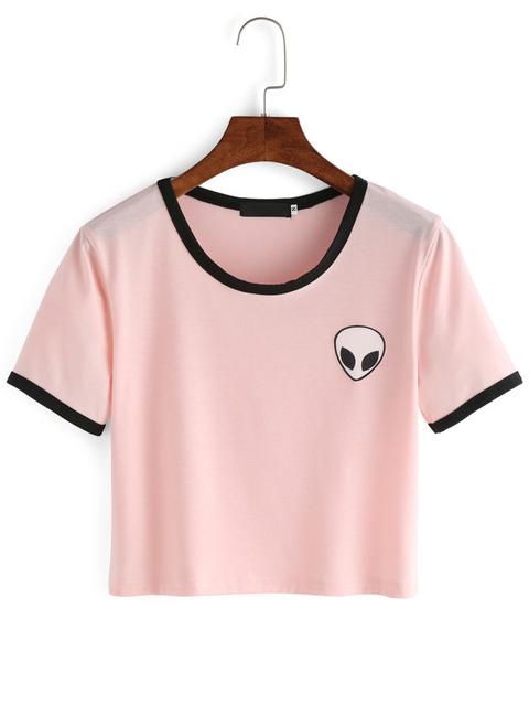 Crop T-shirt Girocollo Alieno Stampa Rosa