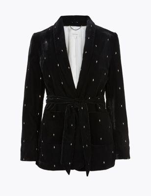 M&s Per Una Womens Relaxed Velvet Belted Blazer - 24 - Black, Black