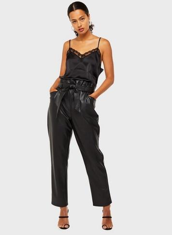 Womens Black Pu Paperbag Trousers, Black