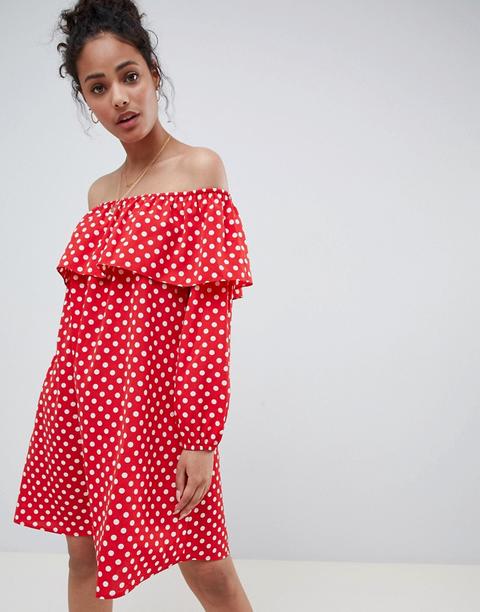 Glamorous - Schulterfreies Kleid Mit Punktmuster - Rot