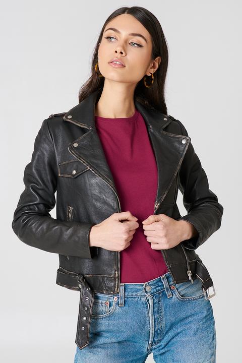 Na-kd Trend Worn Look Leather Jacket - Black