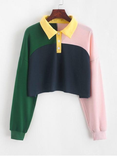 Zaful Sweat-shirt Court À Demi-bouton En Blocs De Couleurs Multi Multi-a Multi-b