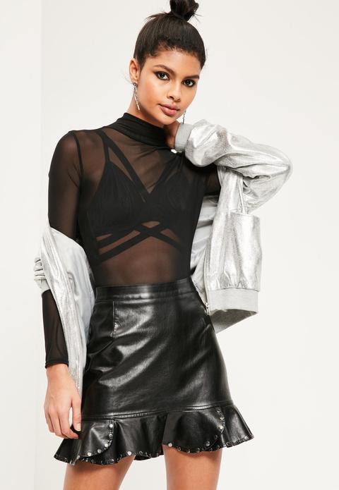 black leather frill hem skirt