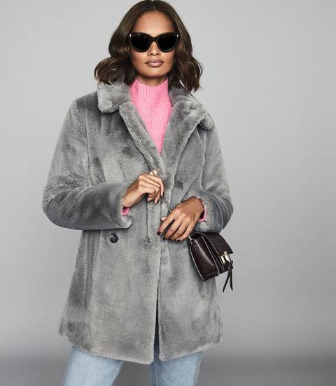 Reiss Lexington Faux Fur Coat In Grey, Reiss Lexington Faux Fur Coat