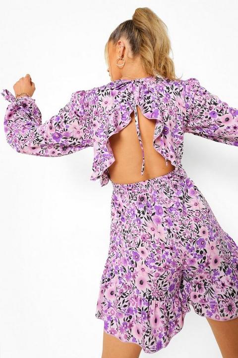 Womens Floral Tie Sleeve Open Back Playsuit - Purple - 8, Purple