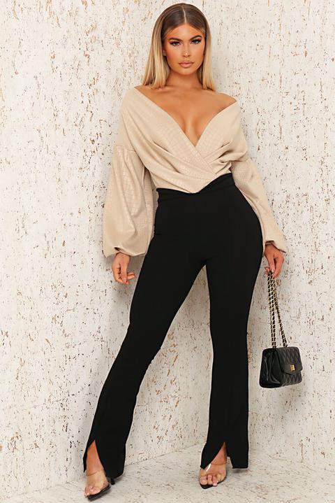 Black High Waisted Split Front Straight Leg Trouser