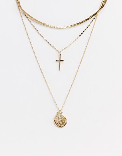 Topshop Multirow Necklace In Gold With Cross And Coin Pendants