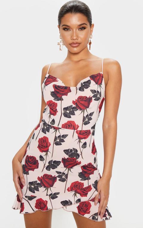 Nude Rose Print Frill Hem Detail Strappy Bodycon Dress, White