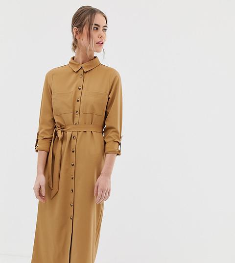 New Look Button Through Tie Waist Dress In Camel-beige