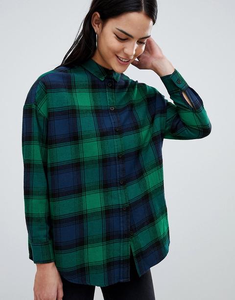 Asos Design - Camicia Boyfriend A Maniche Lunghe Verde E Blu Navy A Quadri - Multicolore