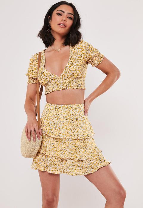 Yellow Floral Co Ord Ditsy Shirred Sleeve Crop Top