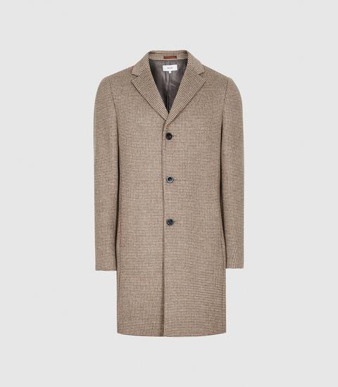 Reiss Barbera - Wool Blend Checked Overcoat In Oatmeal Check