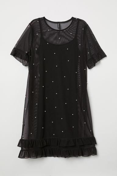 H & M - Abito In Tulle Con Perle - Nero