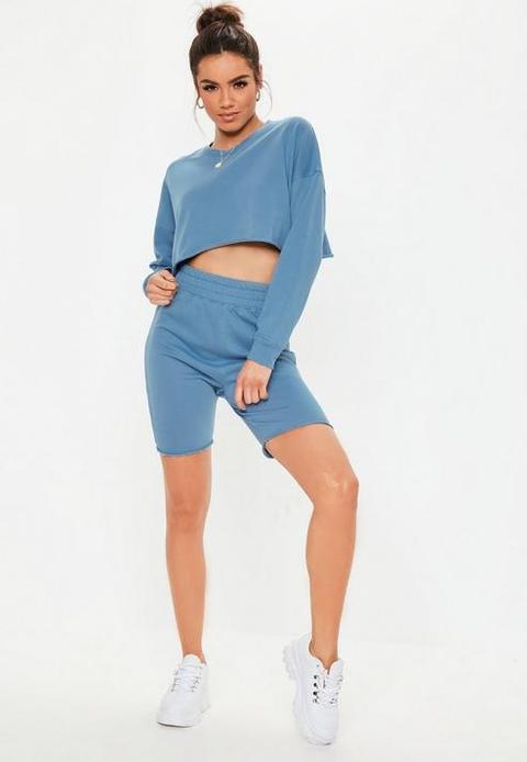 Blue Crop Sweatshirt And Cycling Shorts 