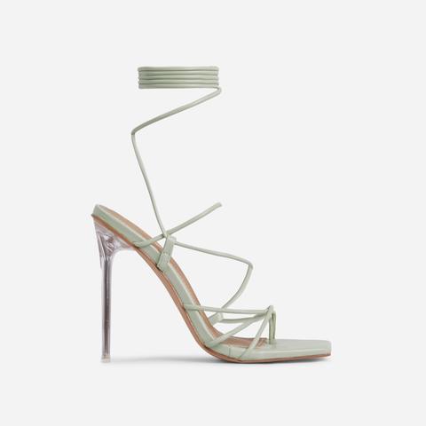 Sunbathe Square Toe Lace Up Clear Perspex Heel In Sage Green Faux Leather, Green