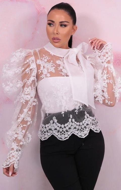 White Lace Puff Sleeves High Neck Top - Lola