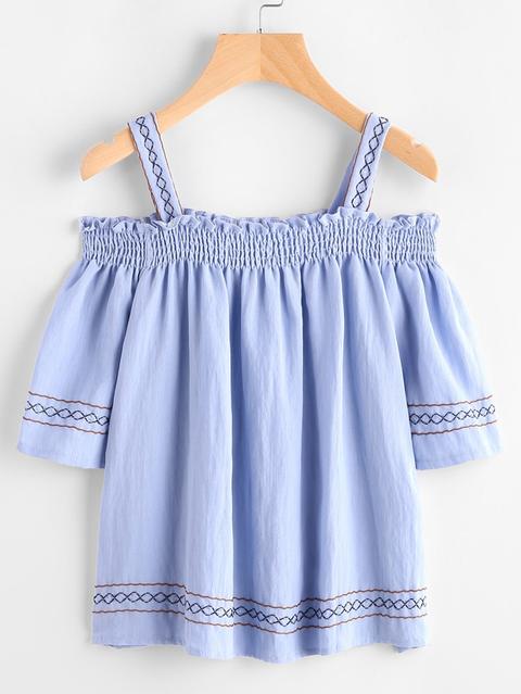 Open Shoulder Shirred Embroidered Geo Blouse