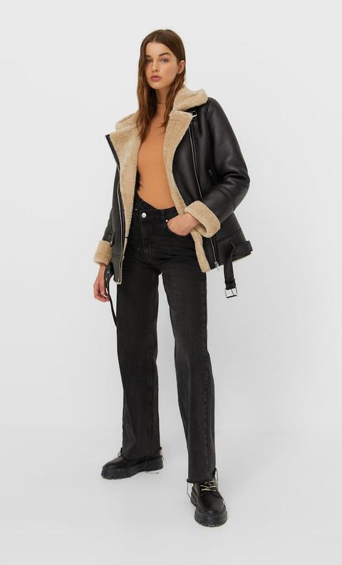 Stradivarius Blouson Motard Double Face En Fausse Fourrure Contrastante Noir S
