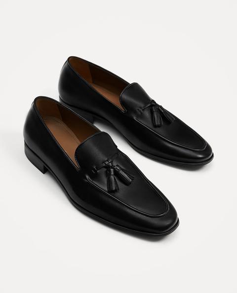 Mocasín Piel Borlas Negro