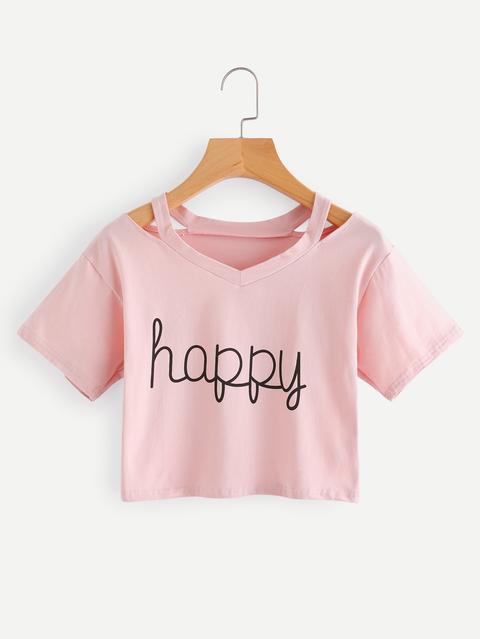 Cut Out Neck Letter Print Crop Tee