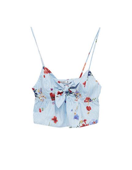 Top Crop Nudo Estampado Rayas Y Flores