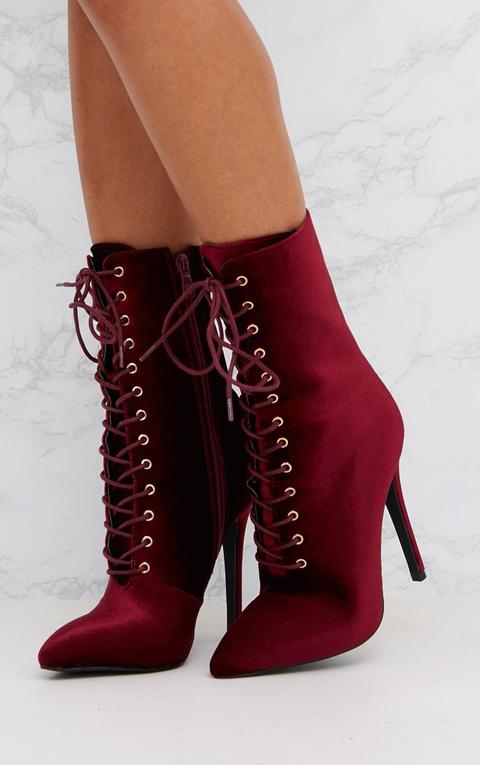 Burgundy Velvet Lace Up Heeled Boots