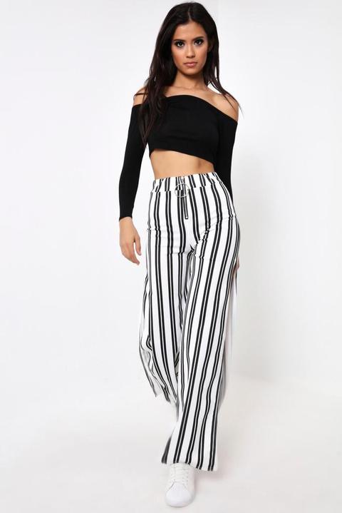 White Stripe O Ring Zip Flared Split Front Trousers