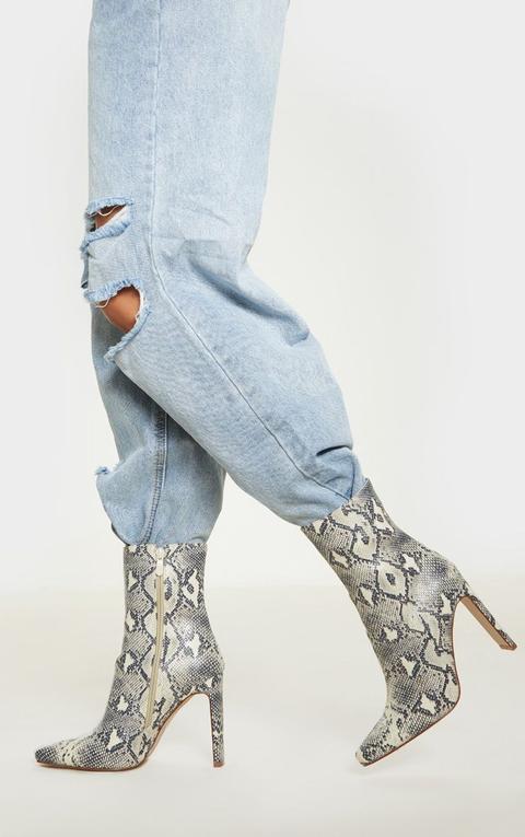 Beige Snake Print Heeled Ankle Boot, Camel