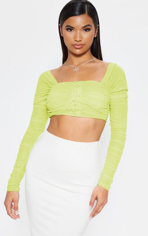 Lime Ruched Lace Up Detail Mesh Crop Top