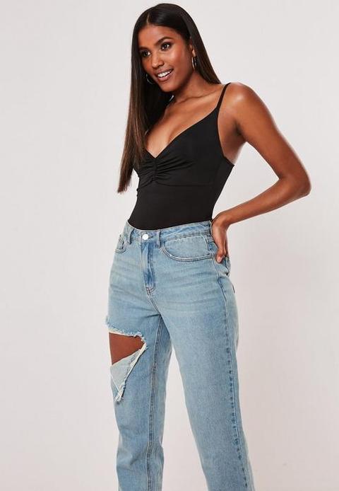 Black Slinky Ruched Strappy Bodysuit, Black