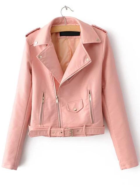 Chaqueta Motera Cuero Sintético Cremallera Cinturón Rosa