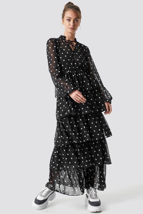 Dotted Frilled Maxi Dress Black