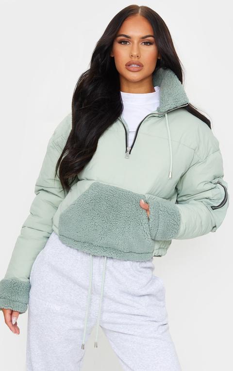 Sage Green Nylon Contrast Borg Pull Over Puffer Jacket