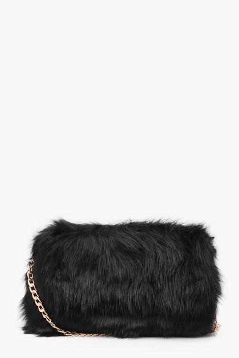 Womens Foldover Faux Fur Cross Body Bag - Black - One Size, Black