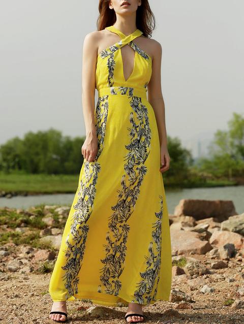 Cut Out Sleeveless Crossed Printed Maxi Dress