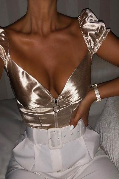 Nude Satin Milkmaid Ring Zip Crop Top - Aariel